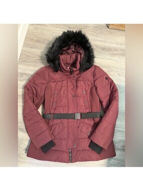 Michael Kors Burgundy Quilted Puffer Coat with Faux Fur Hood